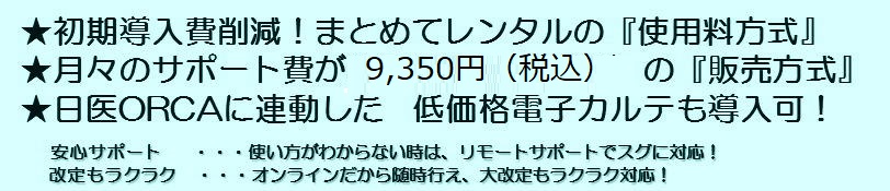 使用料方式 月額１９ ８００円より でのご利用としても他社より安くなります メディクラークでは 日医標準の電子レセプト作成機能 Orca を標準装備したレセプトシステム 連動電子カルテシステムと必要機器 保守 メンテナンス